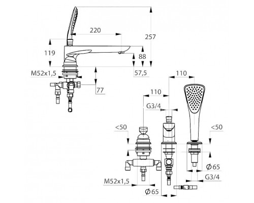 KLUDI BALANCE однорычажный смеситель для ванны и душа, на 3 отверстия, длина излива 220 мм,белый/хром