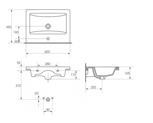 Умывальник мебельный/подвесной с креплением COMO 60*45 см, РФ, S-UM-COM60/1-w