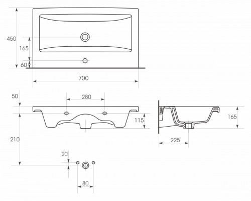 Умывальник мебельный/подвесной с креплением Cersanit COMO 70*45 см, РФ, S-UM-COM70/1-w