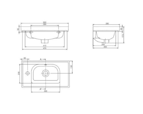 Умывальник подвесной/мебельный Frame 50*28 см, отв. справа, белый, VB015F32R00 (001700-u-01)
