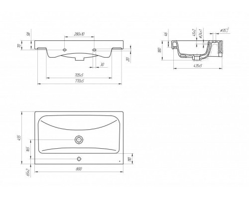 Умывальник мебельный/подвесной с креплением MODUO 80*45,5 см, РФ, S-UM-MOD80/1