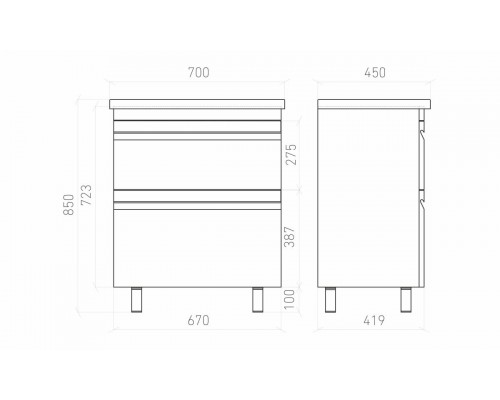 Тумба напольная VENUS 70 под умывальник Creavit IDEAL 70, УЛЬТРА белый глянец, LVE-WFCAB-70-101