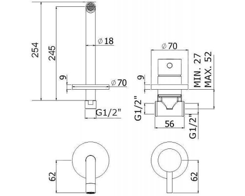 Смеситель Paffoni Light LIG007NO70 для раковины встраиваемый, накладки диам.70мм, излив 245мм