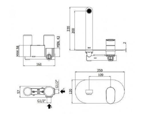 Смеситель встраиваемый для раковины излив 200мм, накладка из нержавеющей стали 250х120мм (с внутренней частью)
