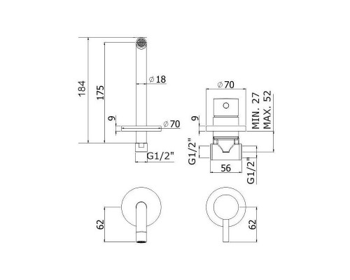 Paffoni Смеситель для раковины встраиваемый, накладки диам.70мм, излив 178мм (с внутренней частью)LIG006ST70