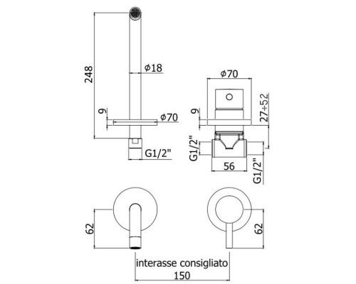 Paffoni Смеситель для раковины встраиваемый, накладки диам.70мм, излив 278мм (с внутренней частью)LIG007CR70