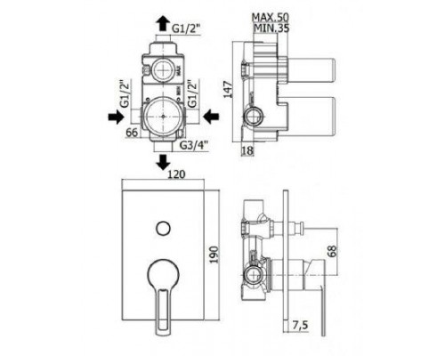 Смеситель встраиваемый для душа Paffoni на 2 выхода с накладкой нерж сталь 120х190мм.девиатор-кнопка (с внутренней частью)