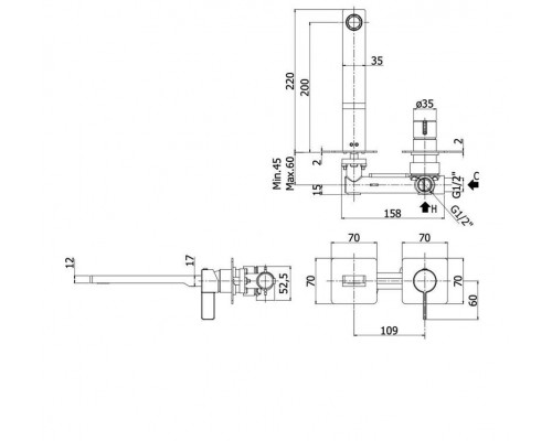 Paffoni Смеситель для раковины встраиваемый с изливом 200мм с накладкой из нерж. Стали 250х100мм