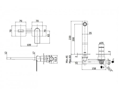 Paffoni Смеситель для раковины встраиваемый с изливом 200мм с накладками из нерж. Стали 2 шт. 70х70мм