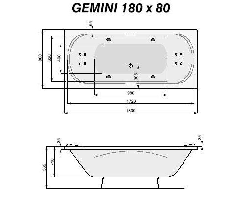 Ванна акриловая Poolspa Gemini 180x80 с ножками