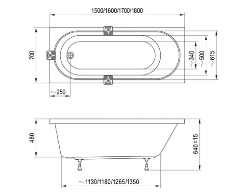 Акриловая ванна Ravak Sonata II 150х70,цвет белый , арт.C633R00000
