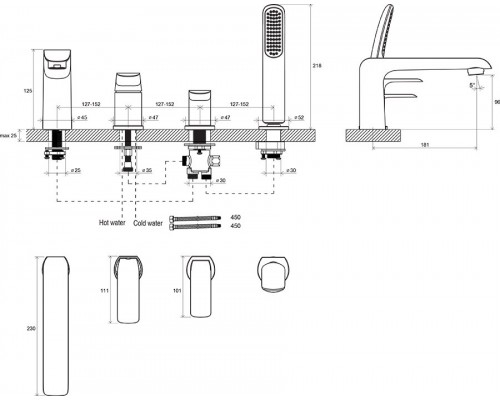 Смеситель для ванн Ravak Flat 026.00, врезной каскадный, хром X070120