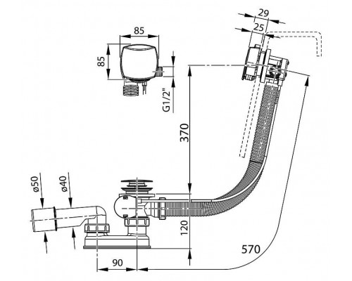 Сточный комплект с заполнением переливом хром (длина 570мм)