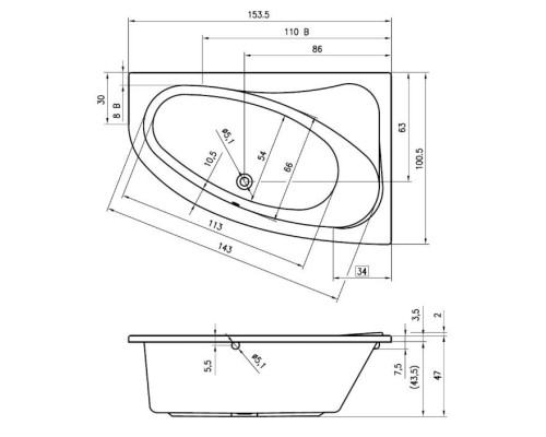 Акриловая ванна асимметричная Riho Aryl 100.5 x 153.5 x 47 L, белый, B022001005