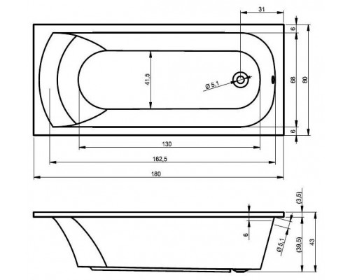 Акриловая ванна прямоугольная Riho Miami 80 x 180 x 43 cm, белый, B061001005