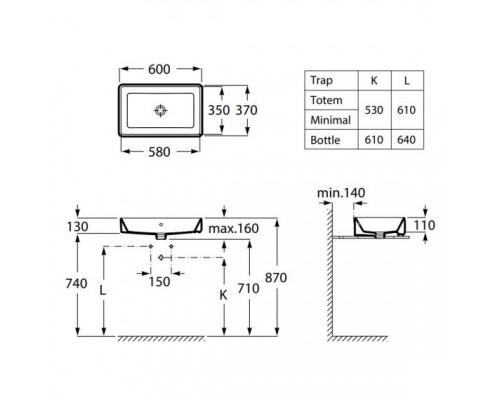 Умывальник накладной керамический Roca Gap Square 60x37 см