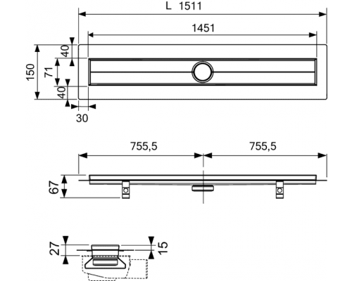 Трап для душа из нержавейки, дренажный канал TECEdrainline, прямой, 150 см