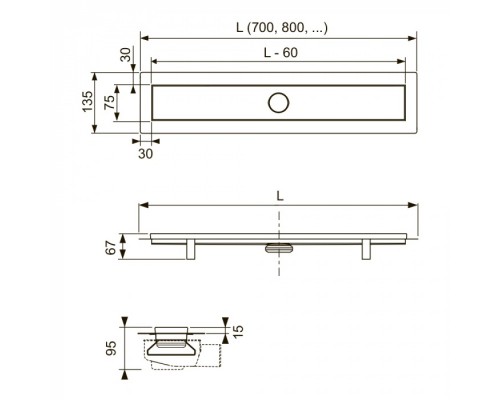 Комплект TECElinus для монтажа дренажного канала с основой для плитки “tile” и панелью “steel” 2 в 1 (90 см) с мембраной