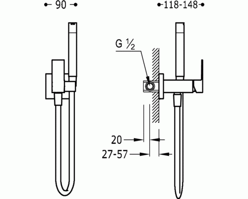 Гигиенический душ встраиваемый в стену Tres Cuadro шланг и держатель, хром ,00612301