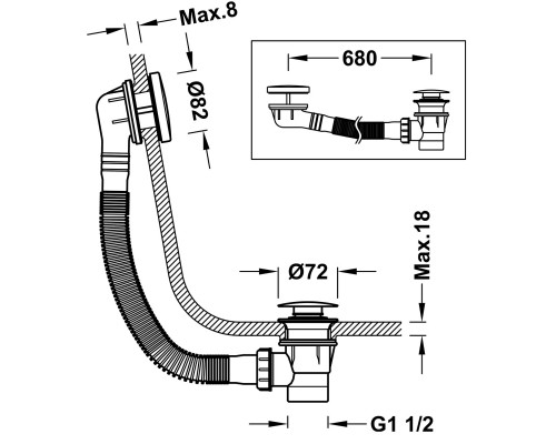Сифон для ванны Tres слив-перелив автомат с системой открытия и закрытия "трос"  (сатин)