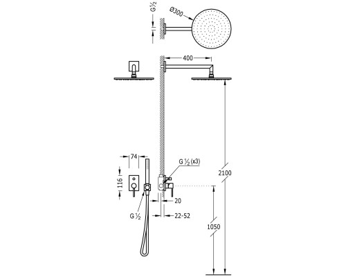 06298001 Max встр сме-ль .д/ванны с верх душ 30 см из стены+лейка все металл