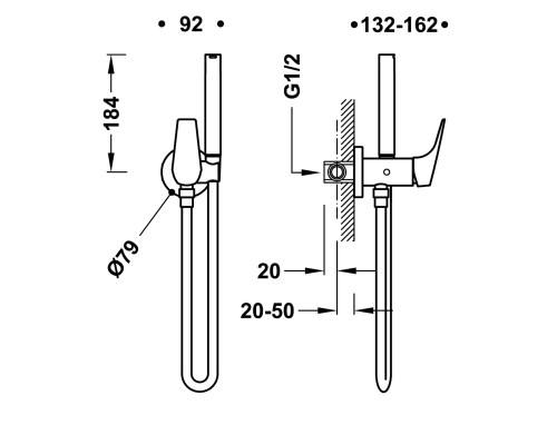 Гигиенический душ встраиваемый в стену Tres CANIGÓ шланг и держатель, хром, 21712301