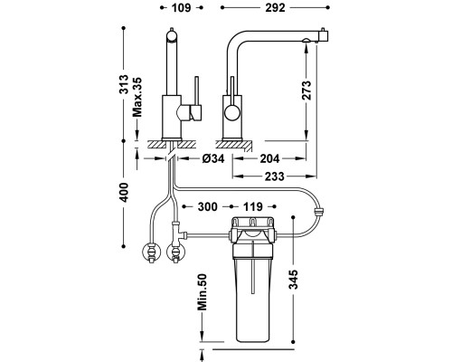 Однорычажный смеситель Tres для кухни с двумя источниками и фильтрованной воды -23045403NM