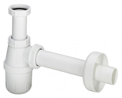 108694 Сифон для раковины (пластик) с пристенной розеткой D=50 мм, 1 1/4 x 32, белый (подходит для смесителя с дон. клапаном)