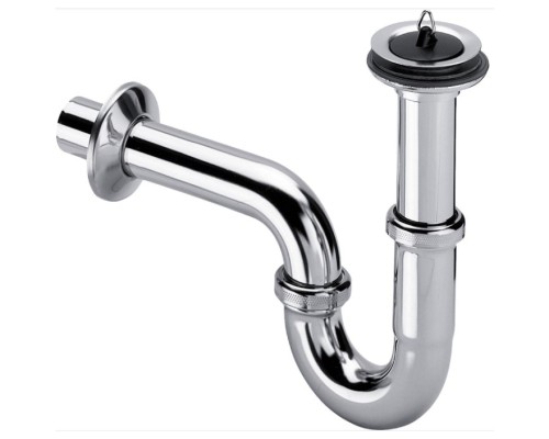 111298 Cифон трубный (металл) с розеткой из нерж, пробкой, патрубок 100 мм, отвод колено 170 мм, 1 1/4 x 32, хром