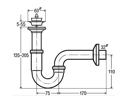 111298 Cифон трубный (металл) с розеткой из нерж, пробкой, патрубок 100 мм, отвод колено 170 мм, 1 1/4 x 32, хром