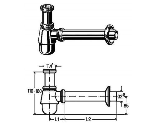 114619 Сифон для биде (латунь), для смесителя с донным клапаном, 1 1/4 x 32 x 200, хром