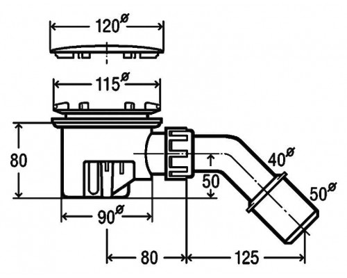 364786 Tempoplex сифон 120 х 40/50, хром накладка, проп.способность 0,45 л/с, H=80 мм, для поддонов D=90 мм, отводящее колено 45°
