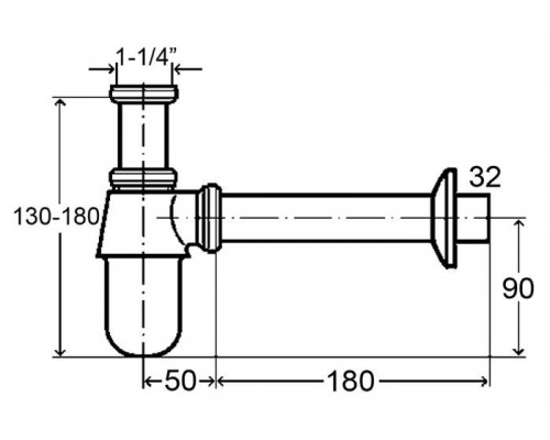 366681 Сифон для раковины (латунь), с пробкой, 1 1/4 x 32, хром, разъёмная чашка выпуска