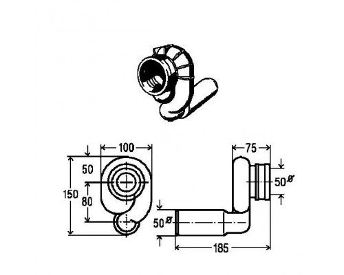 492465 Вакуумный сифон для писсуара D=50 мм, с горизонт. отводом, с манж. уплотнением и гидрозатвором, объем слива 1-4л/мин, модель 3233.9