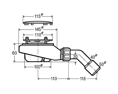 634100 Tempoplex сифон 115 х 40/50, хром накладка, проп.способность 0,55 л/с, H=60 мм, для поддонов D=90 мм, отводящее колено 45°