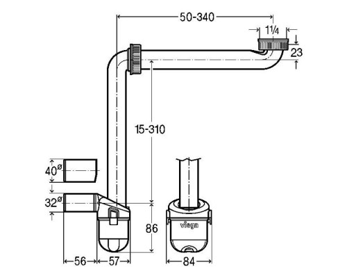 804688 Cифон для раковины пластиковый с гидрозатвором, горизонт. отвод, рег высота 1 1/4 х 32 (адаптер 40), Model 5634.15 (замена 570323)
