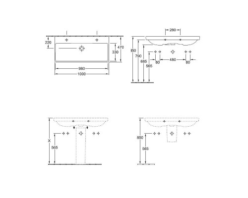 Умывальник Villeroy&Boch Avento, 1000 x 470 мм для установки на тумбу 4156A501