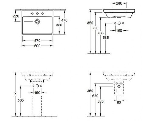 VILLEROY & BOCH 4158 6001 AVENTO Раковина 600x470х155 мм, с переливом, центральное отверстие для смесителя выбито