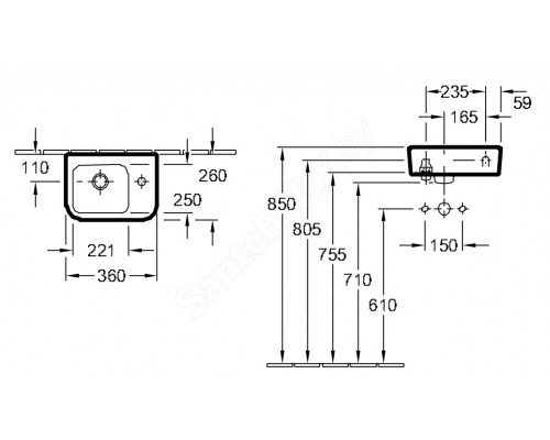 Умывальник Villeroy&Boch Architectura 36 х 26 см, настенный, левый 43733701 цвет: альпийский белый (без перелива)
