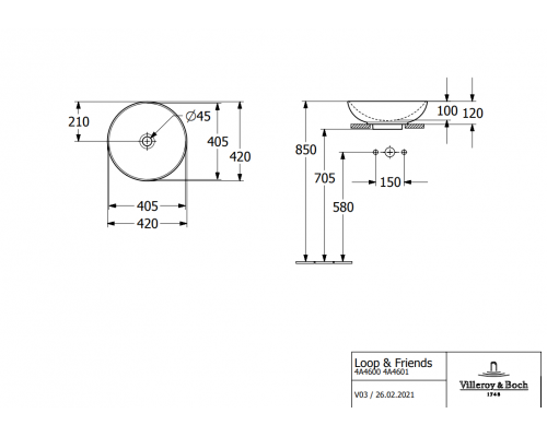 VILLEROY & BOCH 4A46 0001 LOOP & FRIENDS Раковина для установки на столешницу D=420 mm, TitanCeram, с переливом, нешлифованный, Альпийский белый