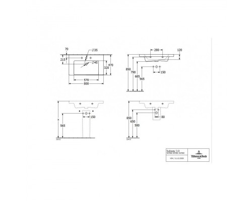 VILLEROY & BOCH 4A70 8001 SUBWAY 3.0 Раковина для установки на тумбу 800 x 470 мм, 1отв. под смеситель, с переливом, нешлифованный, Альпийский белый