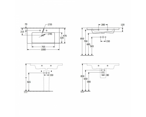 VILLEROY & BOCH 4A70 A501 SUBWAY 3.0 Раковина для установки на тумбу 1000 x 470 мм, 1отв. под смеситель, с переливом, нешлифованный, Альпийский белый
