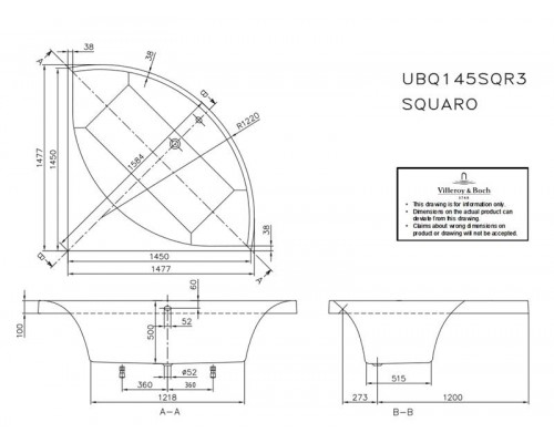 Ванна квариловая Villeroy&Boch Squaro 145x145
