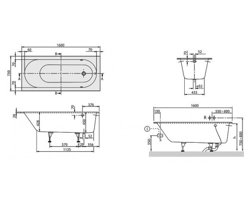 Ванна квариловая Villeroy&Boch Oberon 160x75, с ножками, без отв перелива, белая, UBQ160OBE2V-01