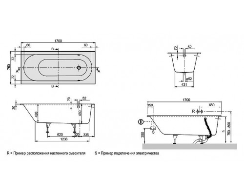 Ванна квариловая Villeroy&Boch Oberon 170x75, с ножками, без отв перелива, белая, UBQ170OBE2V-01