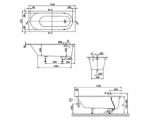 Ванна квариловая Villeroy&Boch Oberon 170x70, с ножками, без отв перелива, белая, UBQ177OBE2V-01