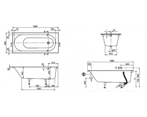 Ванна квариловая Villeroy&Boch Oberon 180x80, с ножками, без отв перелива, белая, UBQ180OBE2V-01
