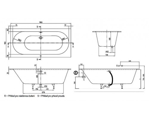 Ванна квариловая Villeroy&Boch Oberon 190x90, с ножками, белая, UBQ199OBE2V-01