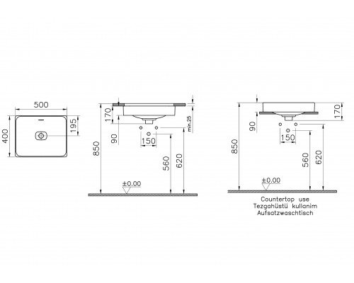 VITRA 7534B003-0673 Раковина-чаша Metropole, прямоуг 50 см, c переливом, цвет белый. Нажимной керамический донный клапан в комплекте