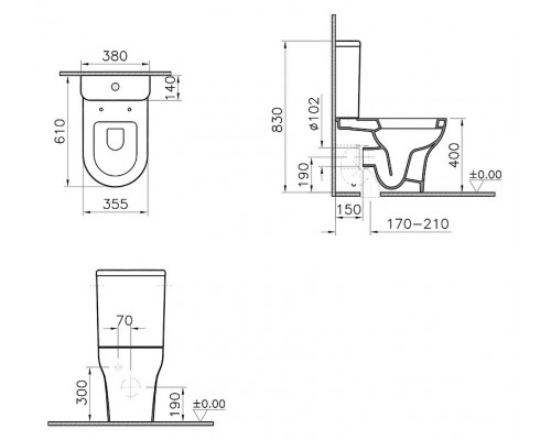 Унитаз-компакт VitrA Zentrum 9012B003-7202 крышка, безободковый, пристенный